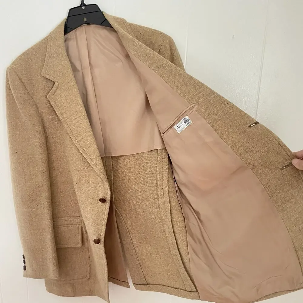 Vintage 70s Wool Tweed Camel Sport Coat 43L Long Notch Lapel 2-Button Jacket‎